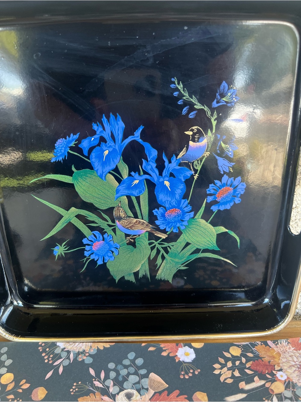 Decorative Black Metal Serving Tray with Blue Floral & Bird Motif